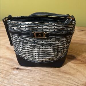 Vintage Etienne Aigner Handbag Purse Black & Tan Woven Jute Faux Leather